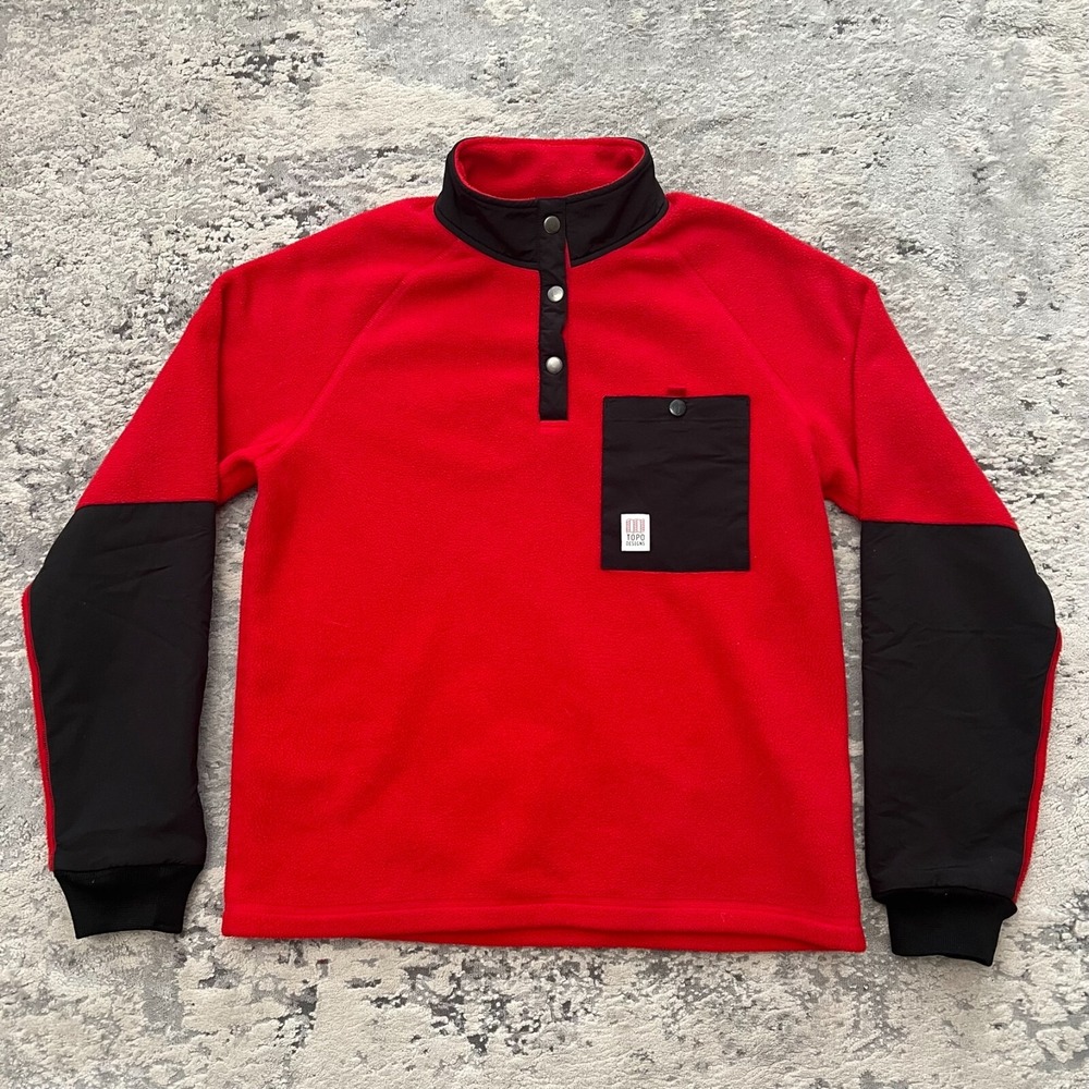 TOPO DESIGNS Mountain Fleece Red Black Snap T Pullover Womens Large Outdoor